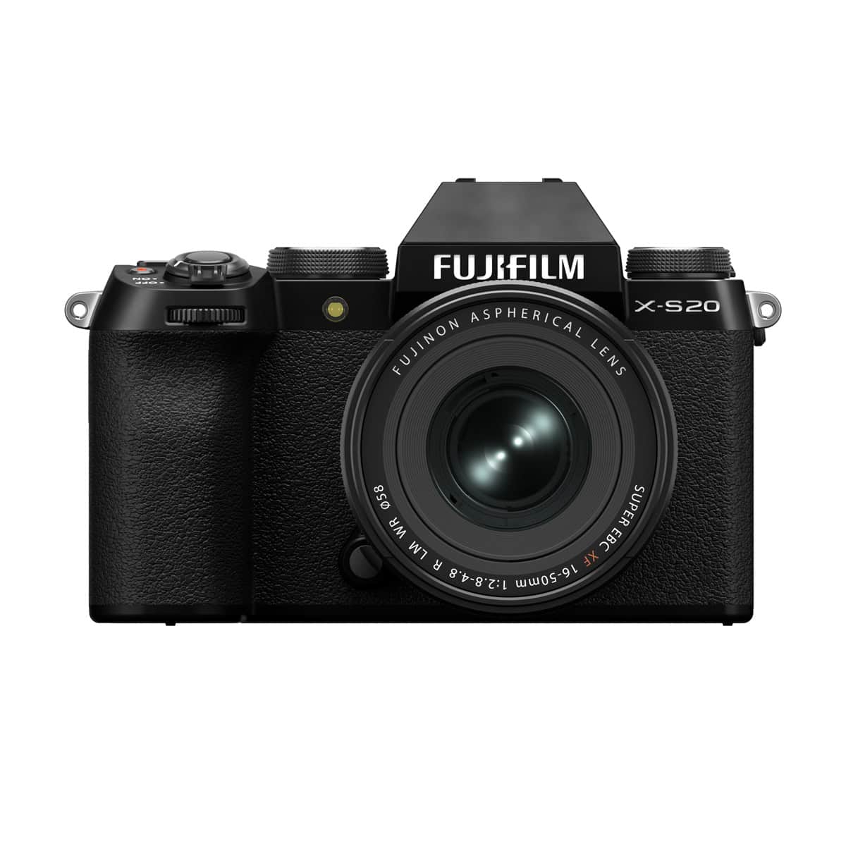 Fujifilm X-S20 Kamera mit 16-50mm Objektiv, schwarz, Nahaufnahme.